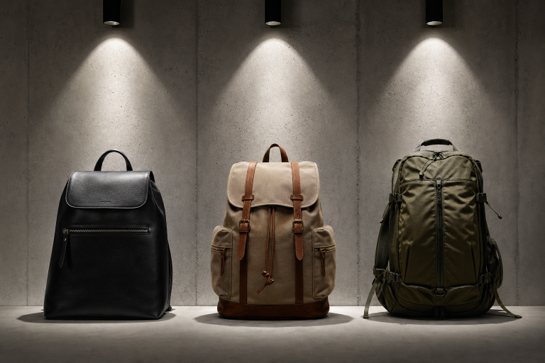 Three stylish backpacks displayed against a concrete wall.