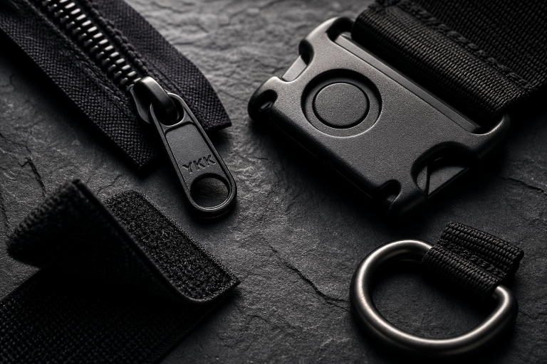 Close-up of black zippers and clips on a dark surface.
