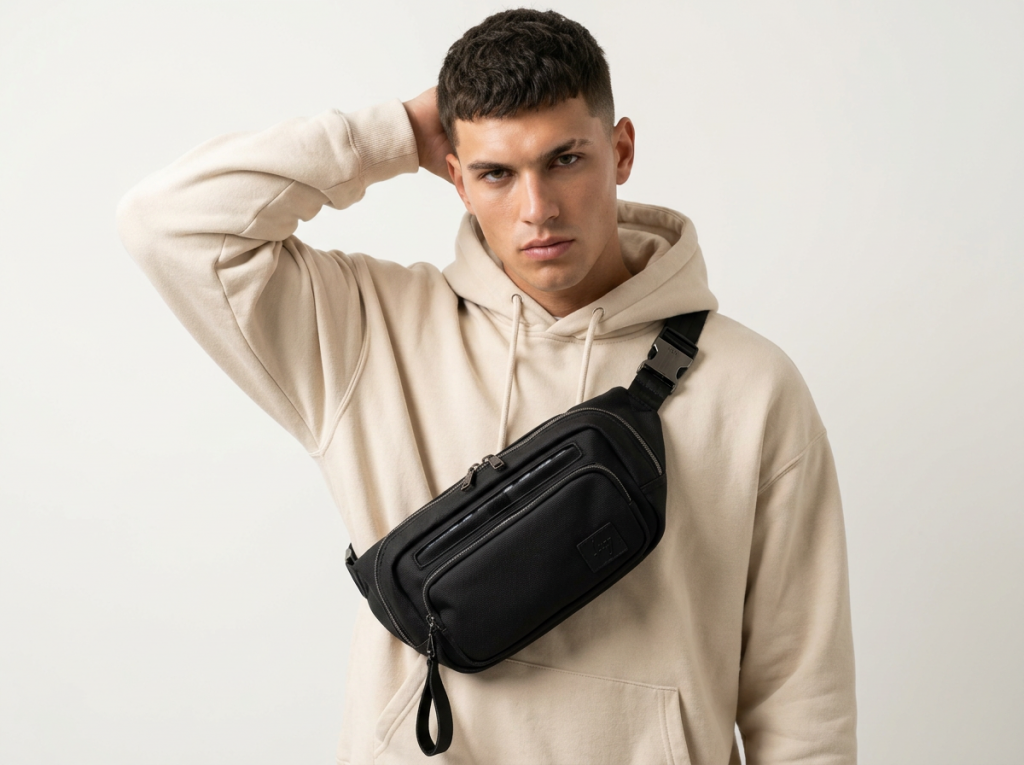 A young man wearing a beige hoodie and a black waist bag.