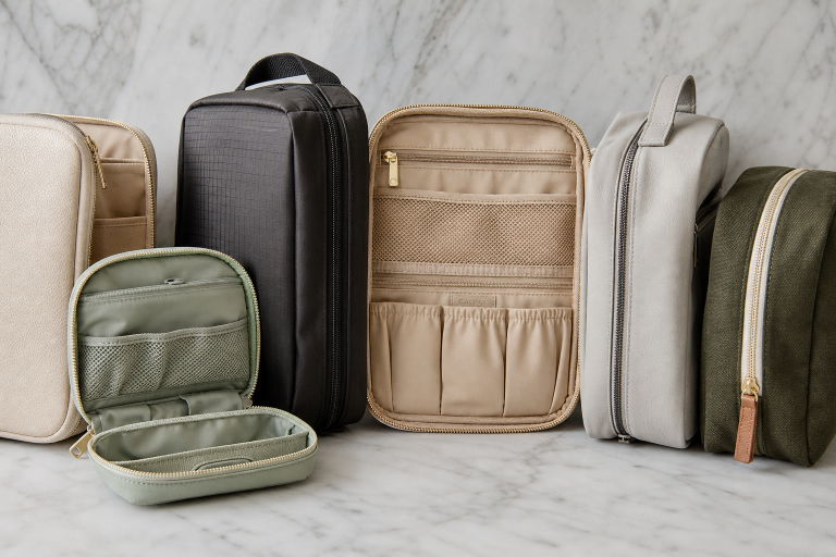 A collection of stylish and organized cosmetic bags on a marble surface.