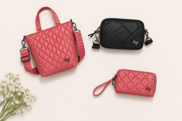 A stylish collection of quilted bags and wallets in pink and black.