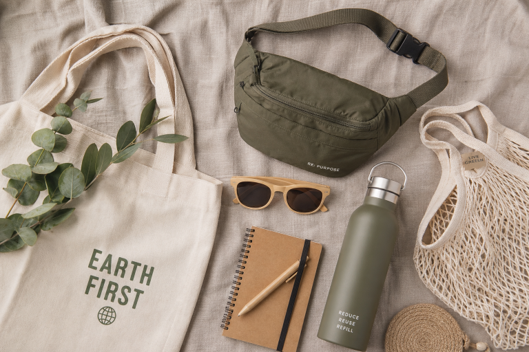 A collection of eco-friendly items including a tote bag, sunglasses, a water bottle, and a notebook.