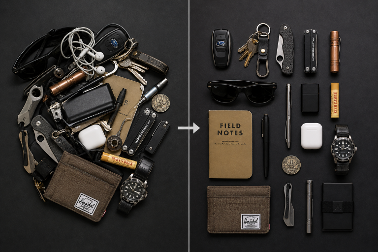 A collection of everyday carry items arranged on a black background.
