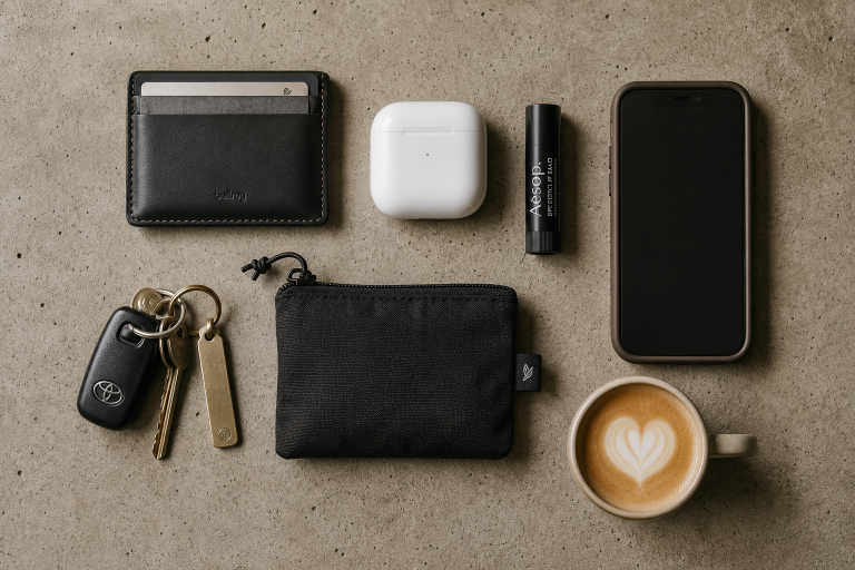 A flat lay of everyday items including a wallet, keys, AirPods, a smartphone, a lip balm, a small pouch, and a cup of coffee with latte art.