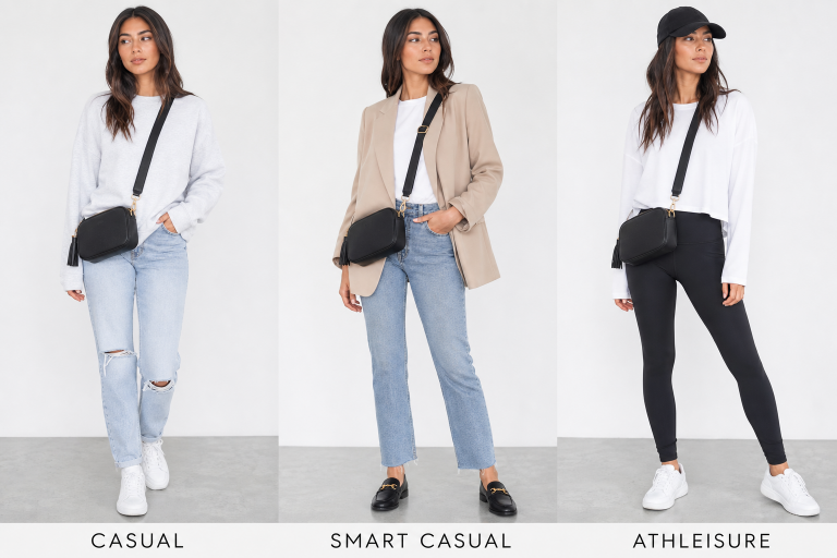 Three fashion looks: casual, smart casual, and athleisure.