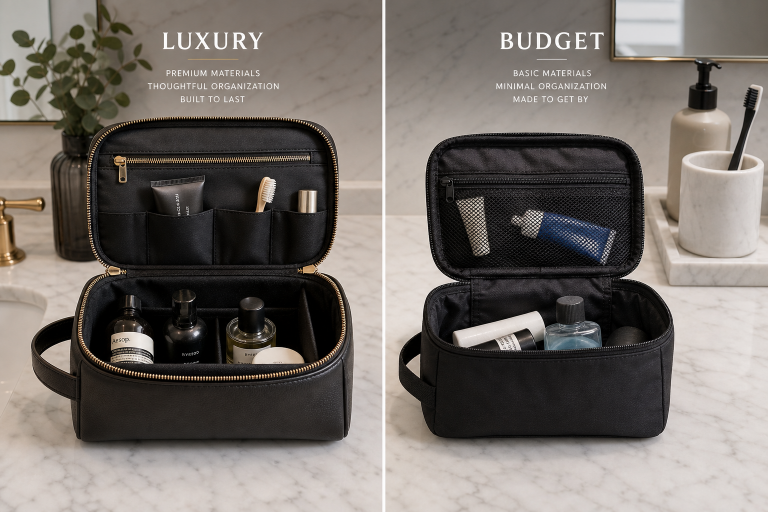Comparison of luxury and budget toiletry bags.