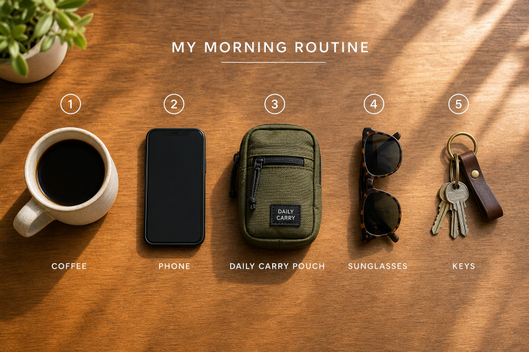 A morning routine setup featuring a coffee cup, phone, daily carry pouch, sunglasses, and keys on a wooden table.