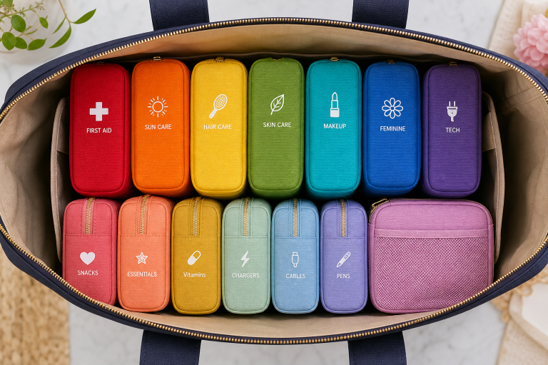 Colorful travel organizers inside a stylish bag.
