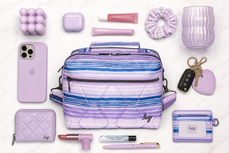 A collection of purple accessories including a bag, phone, and cosmetics arranged on a marble surface.