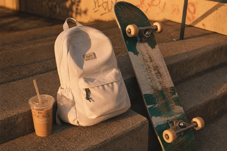 A backpack, skateboard, and iced coffee on concrete steps in the sunlight.