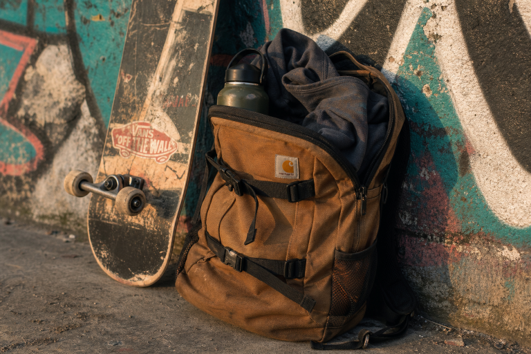 A brown backpack filled with clothes and a water bottle next to a skateboard against a graffiti wall.