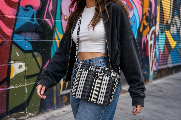 A person walking in front of a colorful mural, wearing a black hoodie and holding a striped bag.