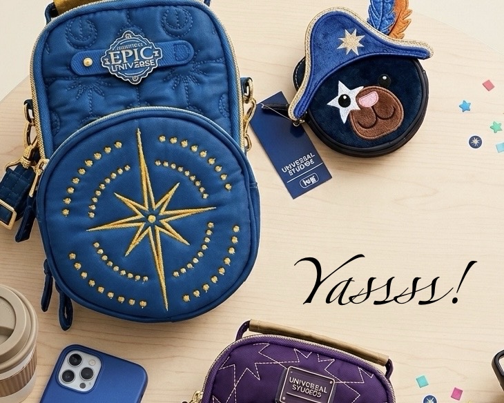 A blue backpack and a round purse on a table with colorful confetti.