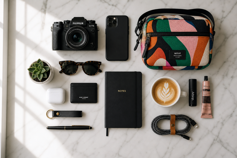 A flat lay of various stylish items including a camera, phone, notebook, and coffee.