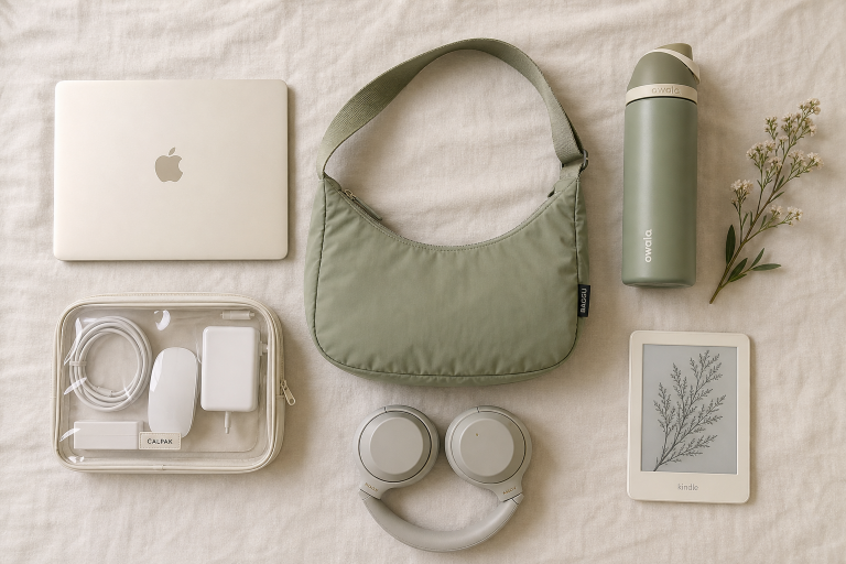 A neatly organized flat lay with a laptop, headphones, water bottle, bag, and Kindle.