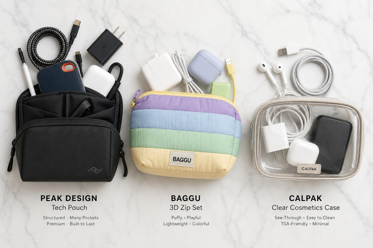 Three organized tech pouches containing various electronic accessories on a marble countertop.