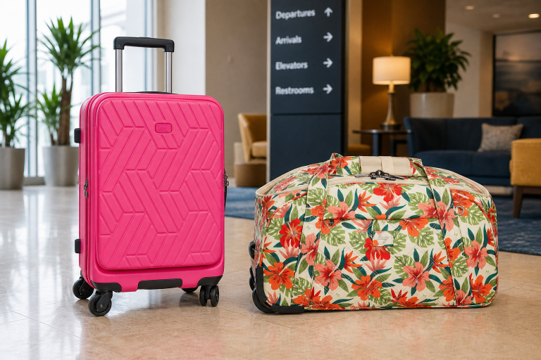 A bright pink suitcase and a floral duffel bag in a contemporary indoor setting.