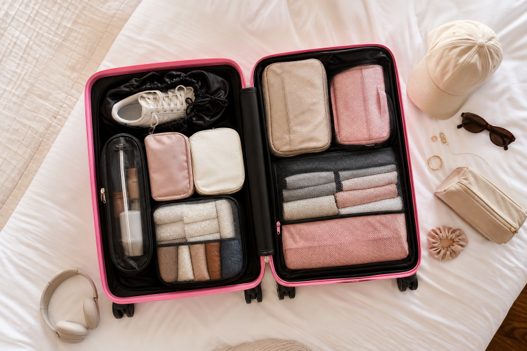 An organized suitcase with clothing and accessories arranged neatly inside.