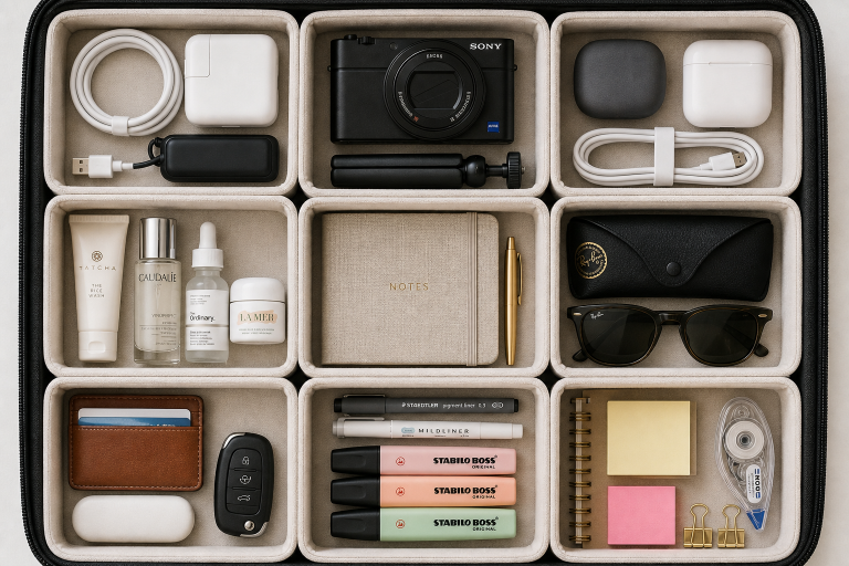 A neatly organized travel accessories layout.