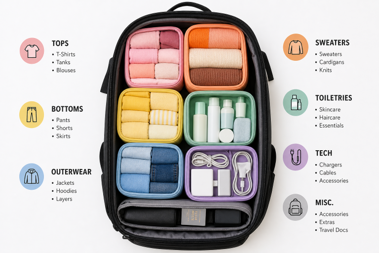 An organized travel backpack with neatly folded clothes and toiletries.
