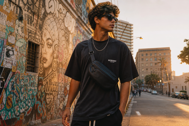 A young man wearing sunglasses and a black t-shirt stands in front of a colorful graffiti wall.