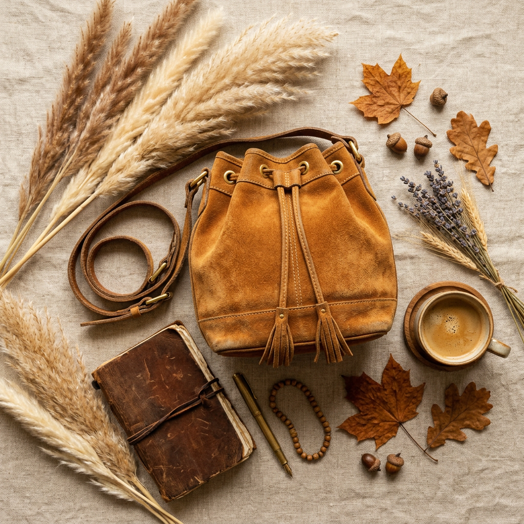 A cozy flat lay featuring a brown suede bucket bag, a leather-bound notebook, a cup of coffee, and decorative autumn leaves.