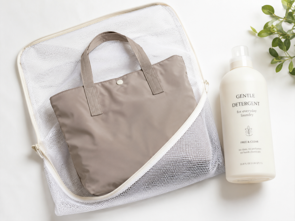 A beige tote bag inside a mesh laundry bag with a bottle of gentle detergent.