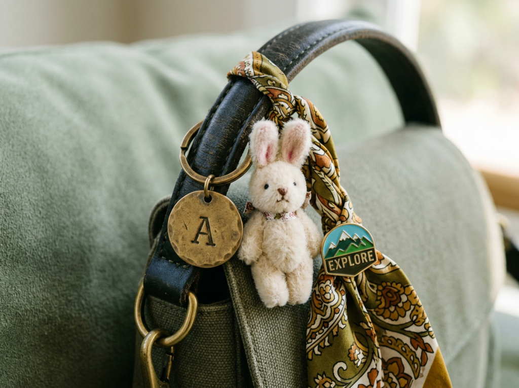 A hand-crafted bunny charm attached to a bag with a decorative scarf and a metal tag.