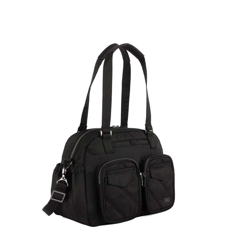 A stylish black bag with two front pockets and dual handles.