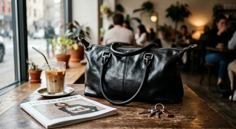 A stylish black leather bag on a wooden table beside a glass of iced coffee and a magazine.