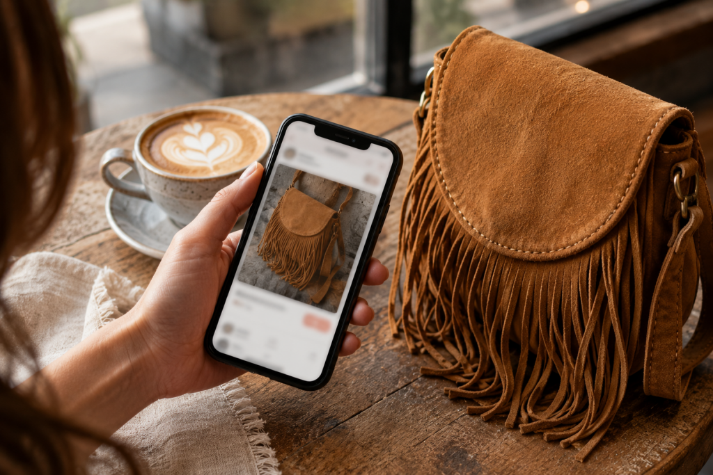 A person holding a phone displaying a fringed brown bag next to a cup of latte.