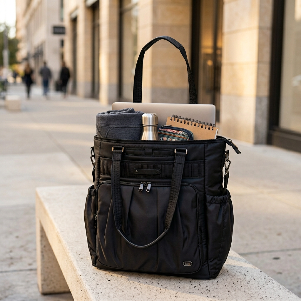 A stylish black bag on a stone bench with a laptop, notebook, and water bottle visible inside.