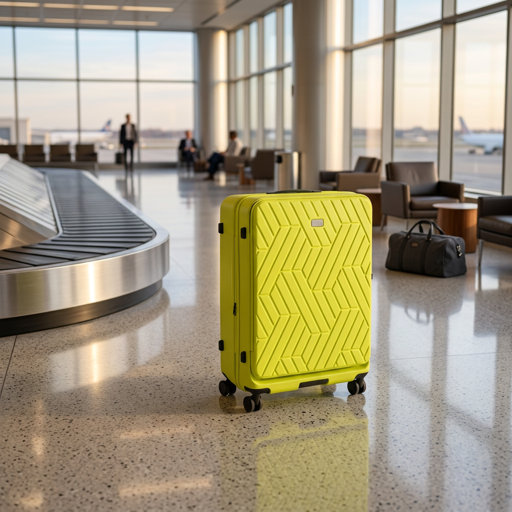 A bright yellow suitcase stands in an airport terminal.