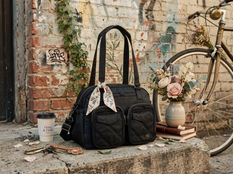 Lug Jumper 3 A stylish black bag with a floral scarf sits on a stone surface next to flowers and a coffee cup in an urban setting.