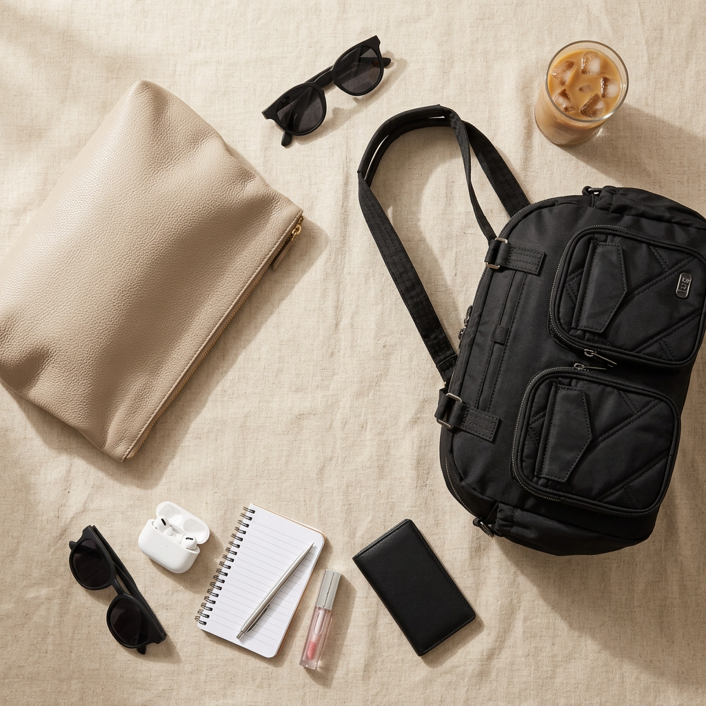 A flat lay of a black bag, a beige pouch, sunglasses, a notepad, a pen, and a drink on a beige fabric surface.