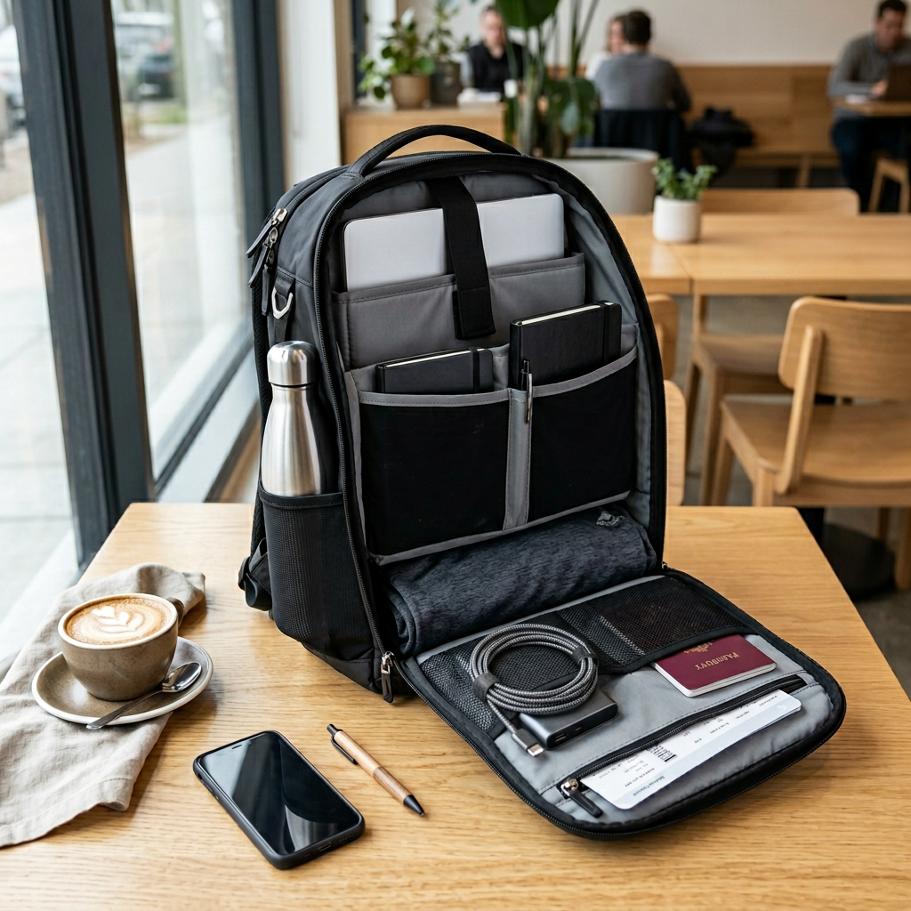 A stylish black backpack with a laptop and accessories inside, placed on a wooden table near a coffee cup.