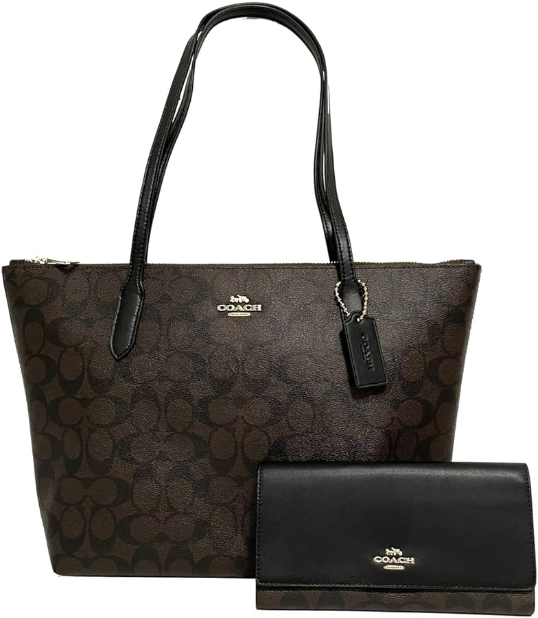 A Coach handbag and matching wallet in brown tones.