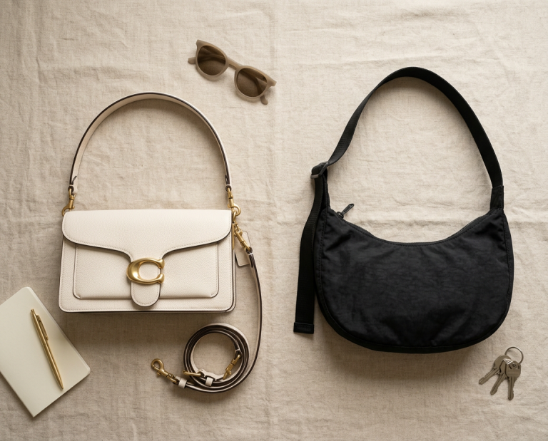 A stylish collection of two handbags – a cream-colored structured bag and a black slouchy bag, accompanied by sunglasses and stationery on a neutral background.