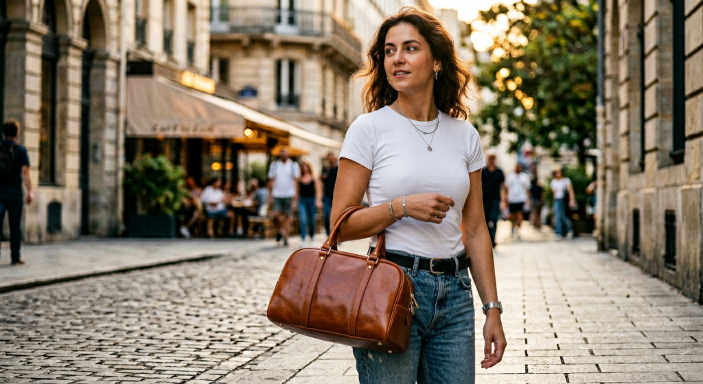 A woman walking in a Parisian street wearing a white t-shirt and holding a brown leather handbag.