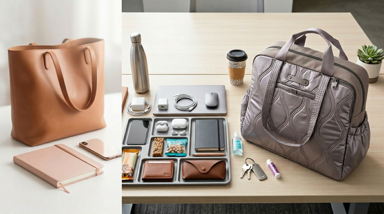 A stylish tan tote bag next to a gray bag filled with organized items on a table.