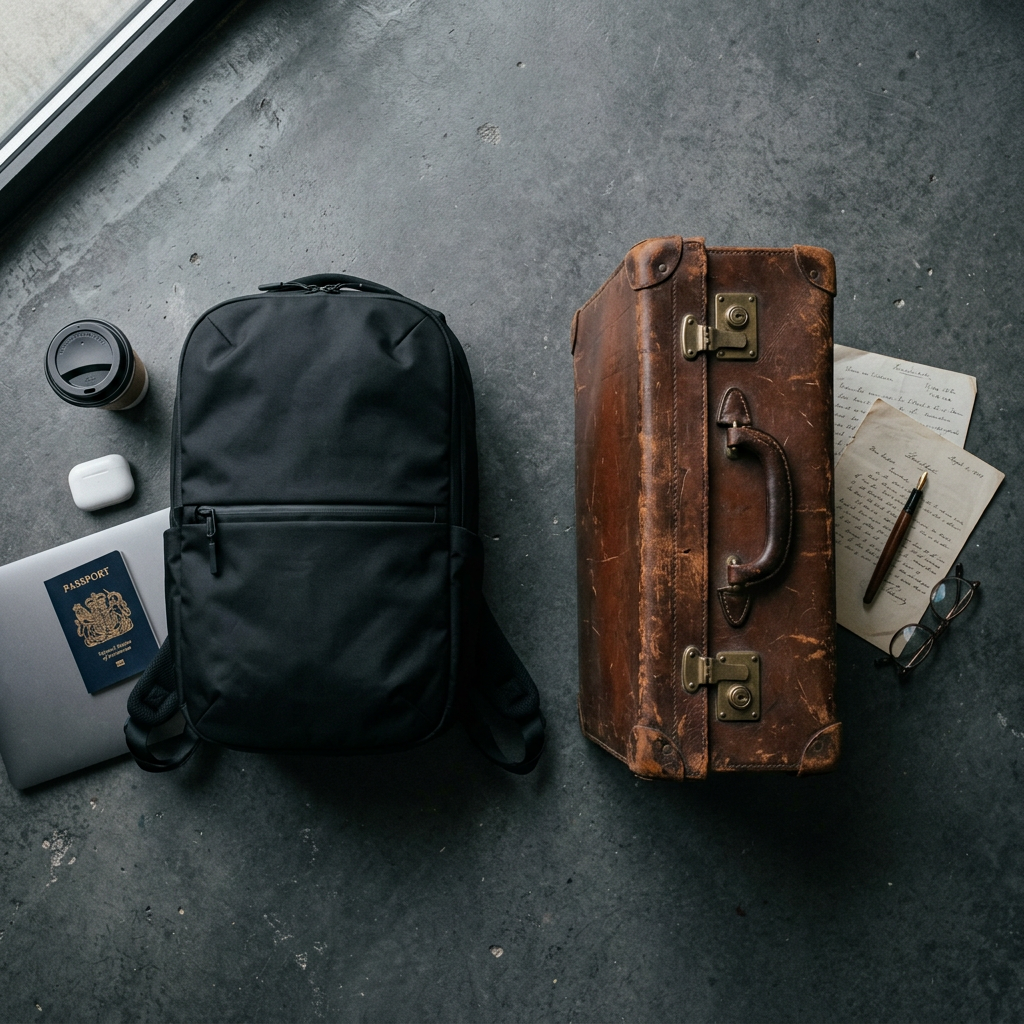 A black backpack and a vintage brown suitcase on a concrete surface with a cup of coffee and various travel items.