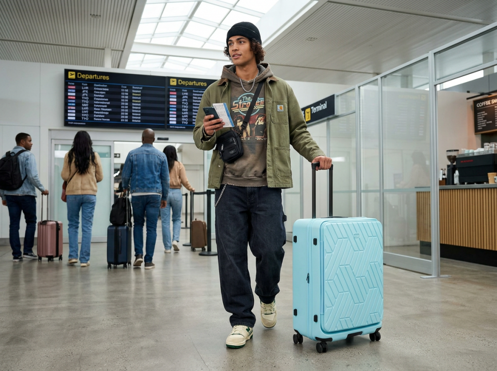 A traveler with a light blue suitcase in an airport terminal.