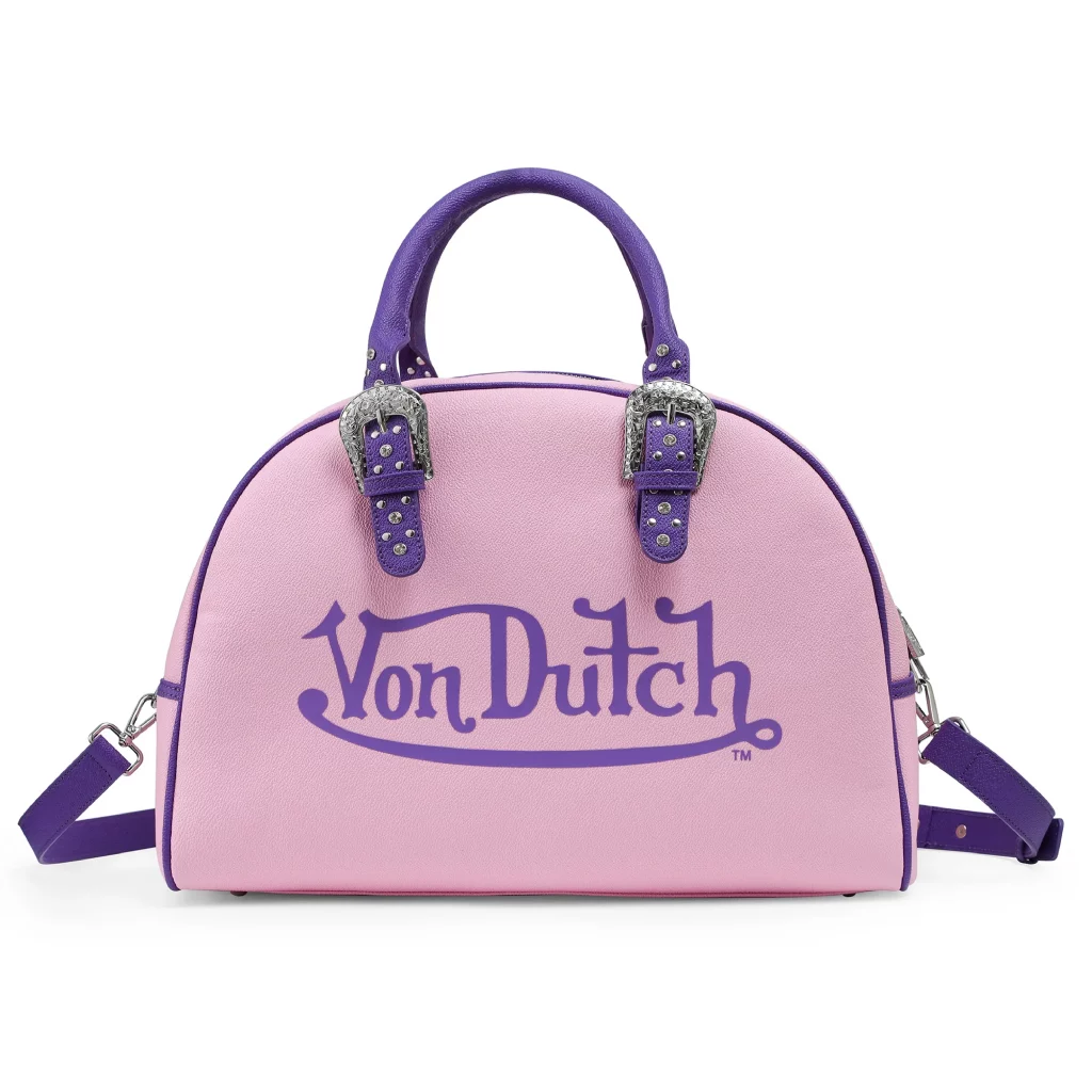 Pink and purple Von Dutch handbag with silver buckles.