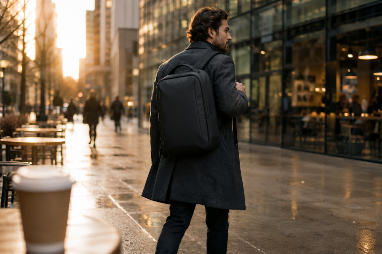 A man walking with a black backpack in an urban setting during sunset.
