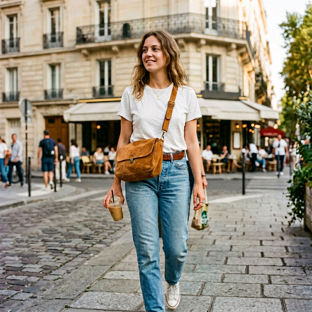 A woman walking on a city street with a brown leather bag and iced coffee in hand.