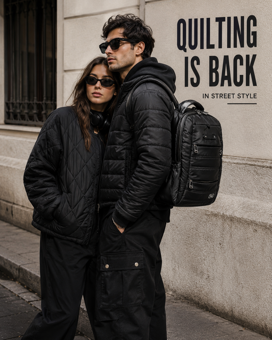 A fashionable couple posing in black outfits against a city backdrop.