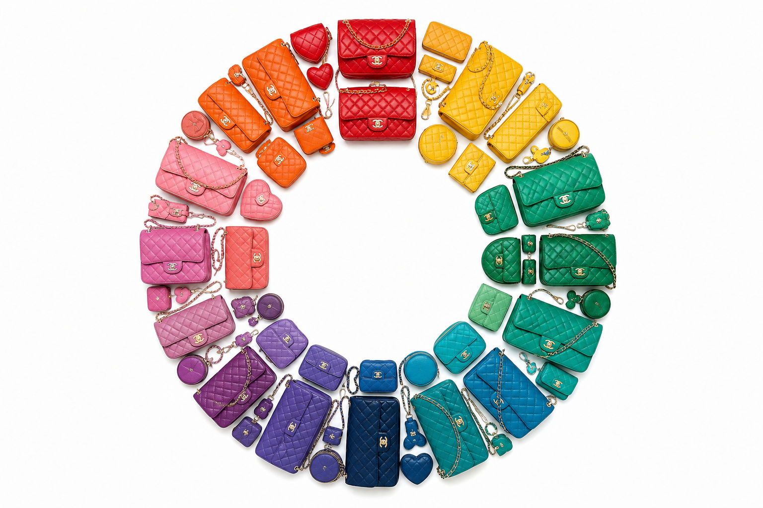A colorful arrangement of various Chanel bags displayed in a circular pattern.