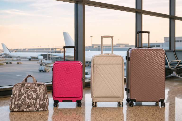 Four stylish luggage bags arranged at an airport terminal.