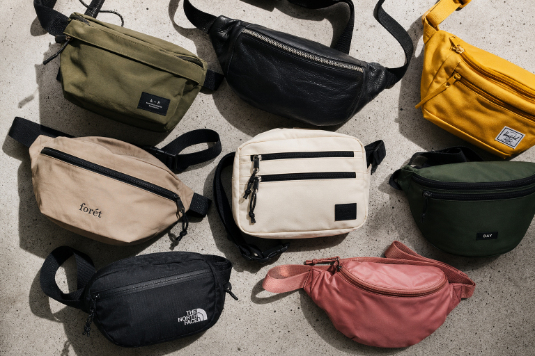 A variety of stylish waist bags arranged on a textured surface.