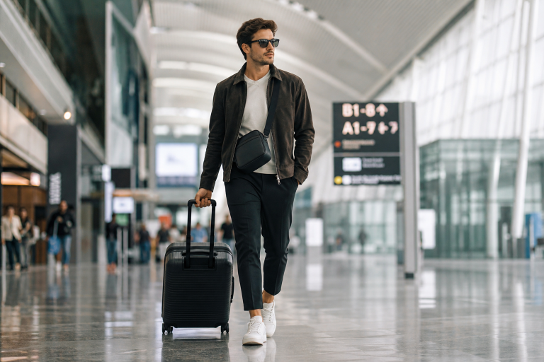 A stylish man walking through an airport terminal with a suitcase.